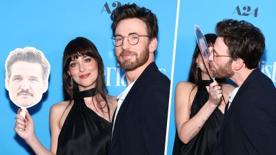 Dakota Johnson & Chris Evans kiss Pedro Pascal cutout at ‘Materialists' premiere