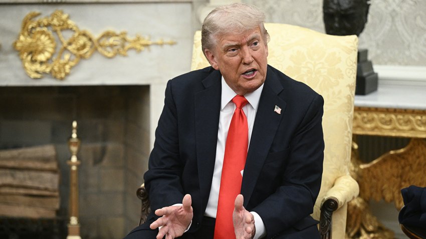President Donald Trump speaks during a meeting with German Chancellor Friedrich Merz in the Oval Office of the White House on June 5, 2025.