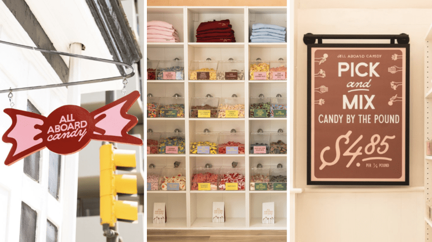 Pick and choose candy wall where customers can scoop any candy they want in their bag.