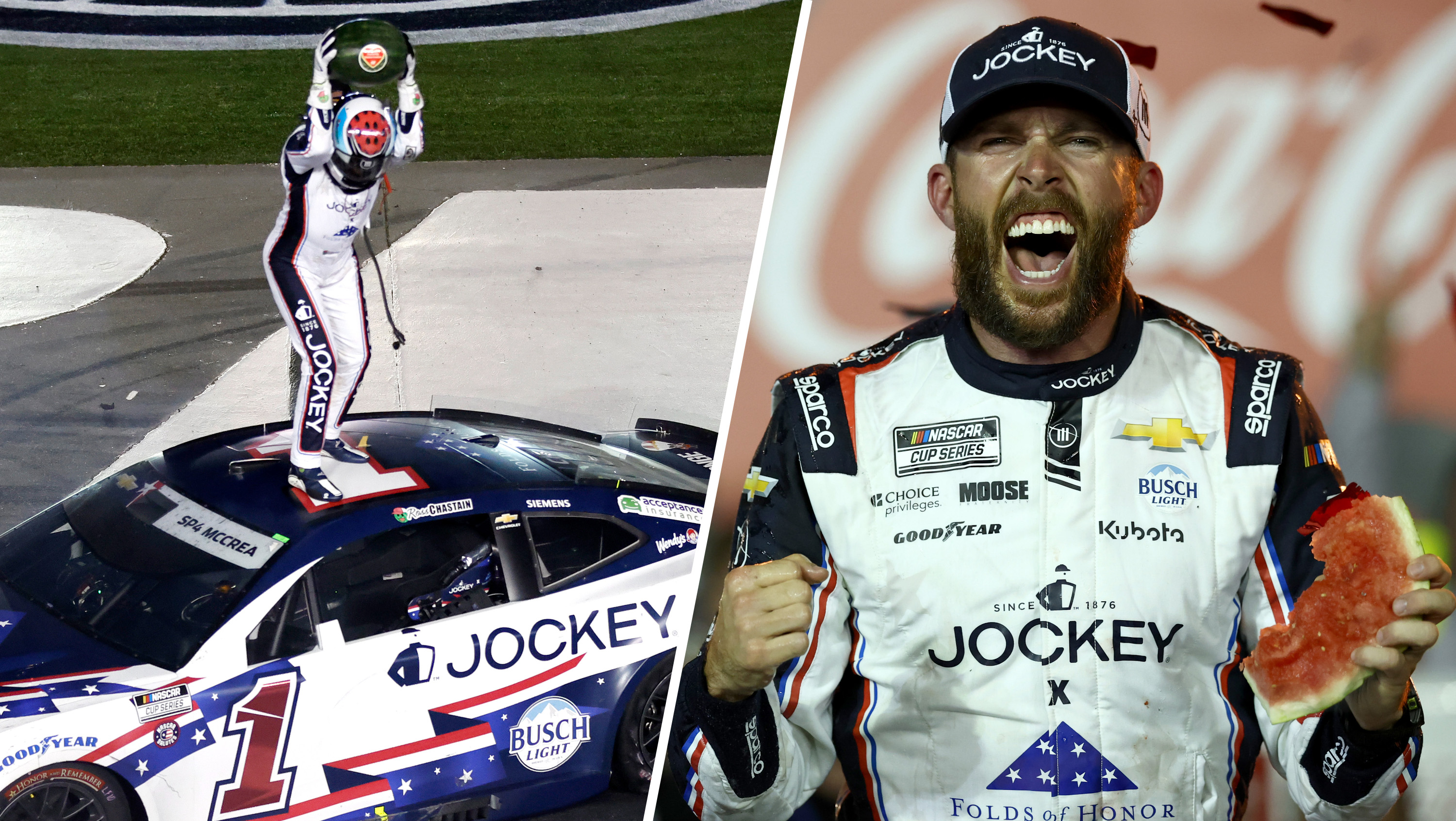 Split image of Ross Chastain celebrating his win with watermelon