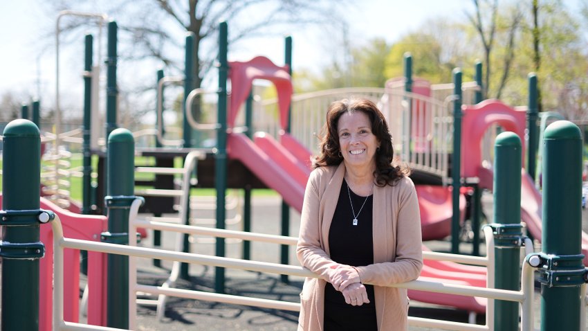 Jane Gaudreau, mother of hockey players Johnny and Matthew Gaudreau, who were fatally struck by a motorist while riding bicycles, poses for a portrait at Archbishop Damiano School in Westville, N.J., Wednesday, April 9, 2025.