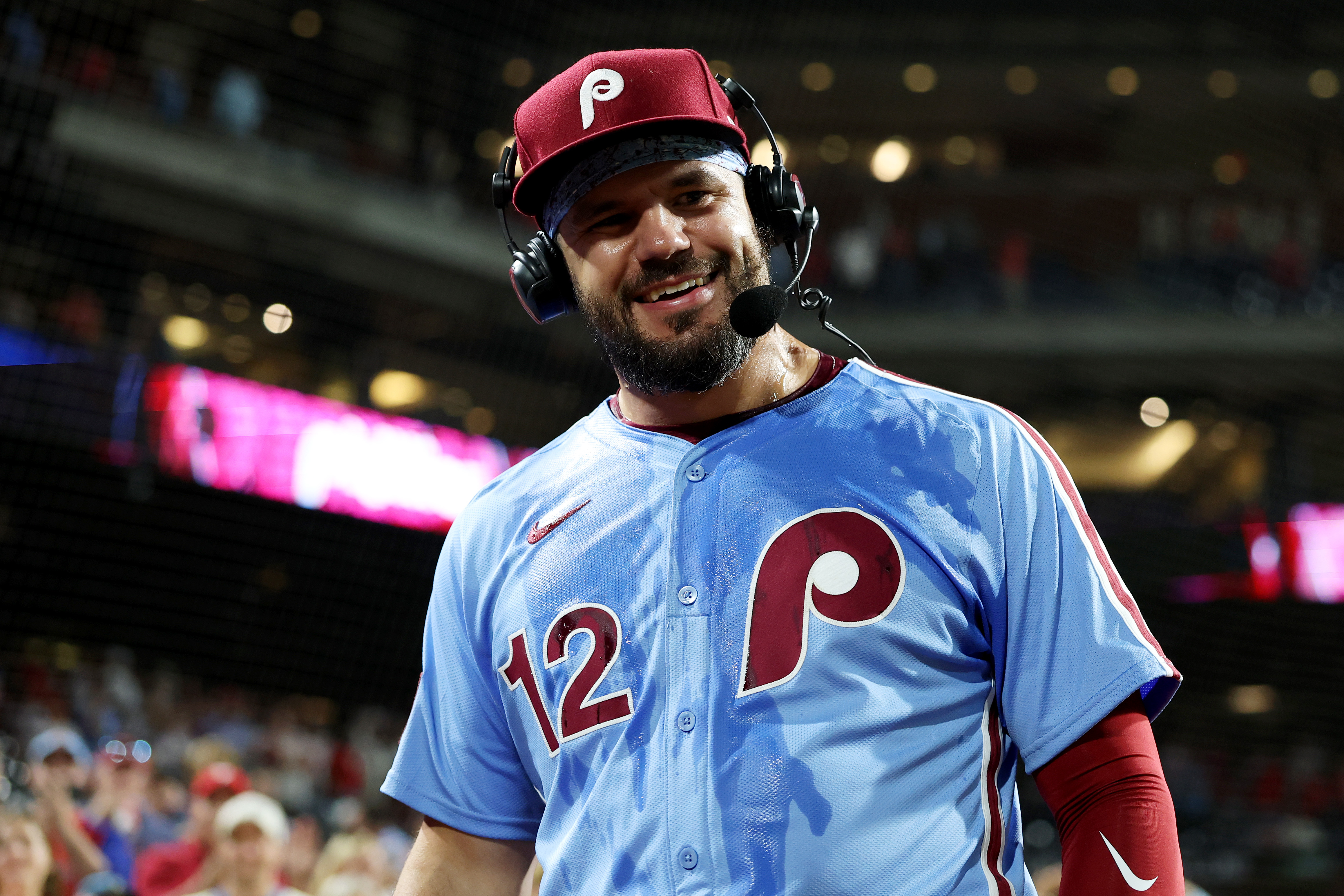 PHILADELPHIA, PENNSYLVANIA – AUGUST 28: Kyle Schwarber #12 of the Philadelphia Phillies smiles during his post game interview after a 19-4 win over the Atlanta Braves at Citizens Bank Park on August 28, 2025 in Philadelphia, Pennsylvania. Kyle Schwarber hit four home runs during the game. (Photo by Emilee Chinn/Getty Images)