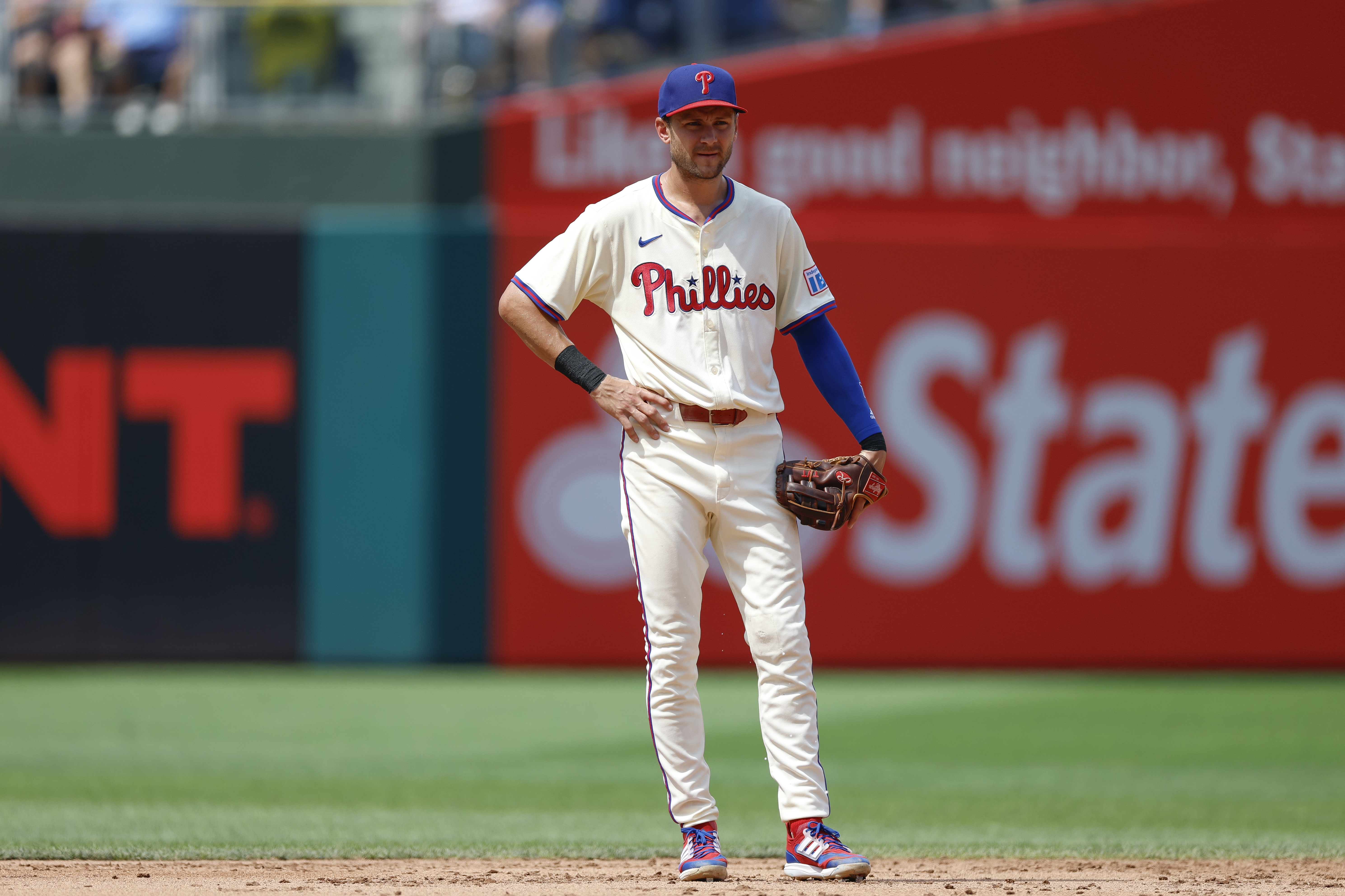 PHILADELPHIA, PENNSYLVANIA – JULY 20: Trea Turner #7 of the Philadelphia Phillies in defensive position at shortstop in the third inning during a game against the Los Angeles Angels at Citizens Bank Park on July 20, 2025 in Philadelphia, Pennsylvania. (Photo by Brandon Sloter/Getty Images)