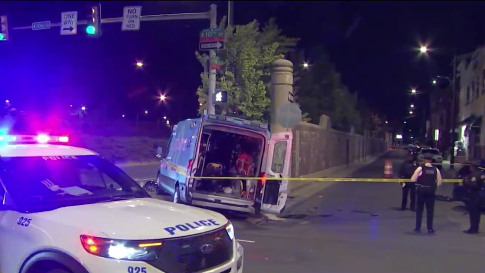 Police: 3 hurt as stolen vehicle hits ambulance, building in Center City Philly
