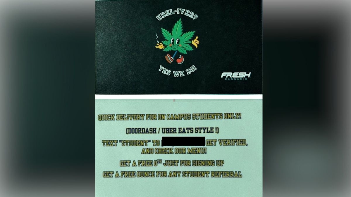 Business cards, flyers offering UDel marijuana delivery from imposter dispensary