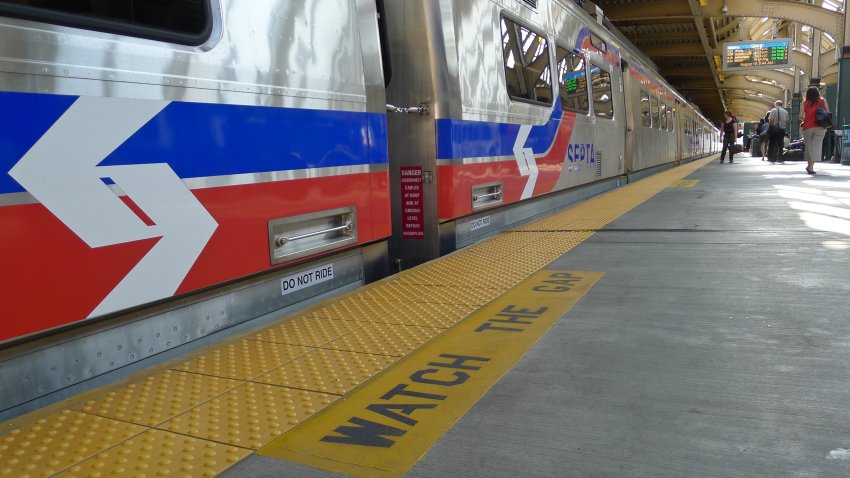 Low angle photograph of a new Septa train in a station