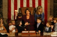 Congresswoman Nancy Pelosi becomes the first woman Speaker of the House in the opening day of the 110th House of Representatives. Children and grandchildren of House members join her in celebrating the historic day.