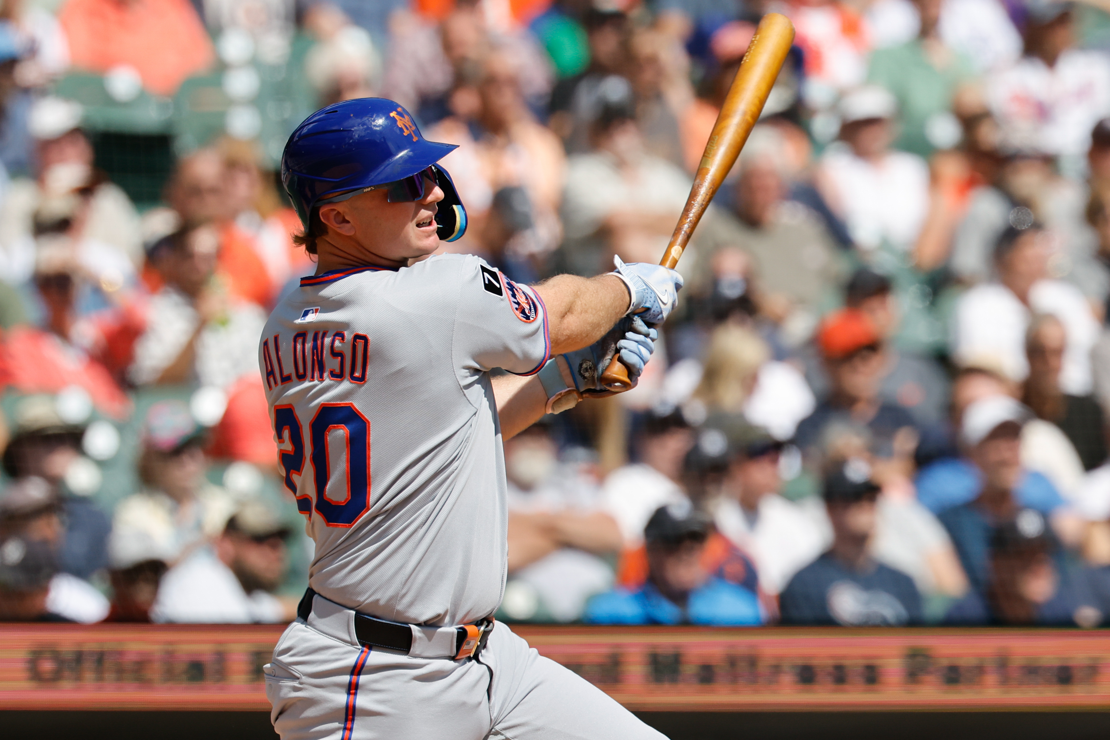 Sep 3, 2025; Detroit, Michigan, USA;  New York Mets player Pete Alonso (20) hits an RBI double in the third inning against the Detroit Tigers at Comerica Park. Mandatory Credit: Rick Osentoski-Imagn Images