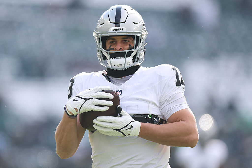 PHILADELPHIA, PENNSYLVANIA - DECEMBER 14: Jack Bech #18 of the Las Vegas Raiders warms up before the game against the Philadelphia Eagles at Lincoln Financial Field on December 14, 2025 in Philadelphia, Pennsylvania. (Photo by Emilee Chinn/Getty Images)