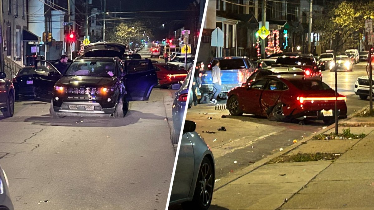 Several cars were damaged in a multi-car crash in North Philadelphia on Saturday night, with at least one car showing significant damage.
