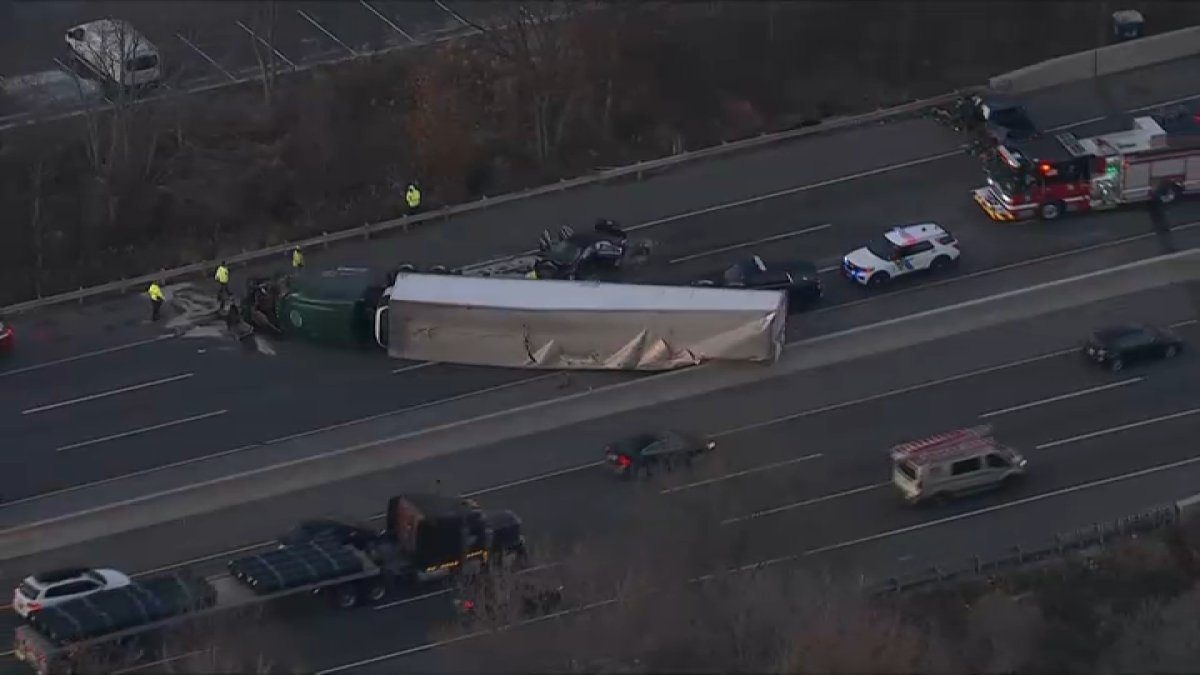 A tractor trailer overturned on the New Jersey Turnpike on Friday afternoon and is blocking all of the southbound lanes in Mount Laurel.