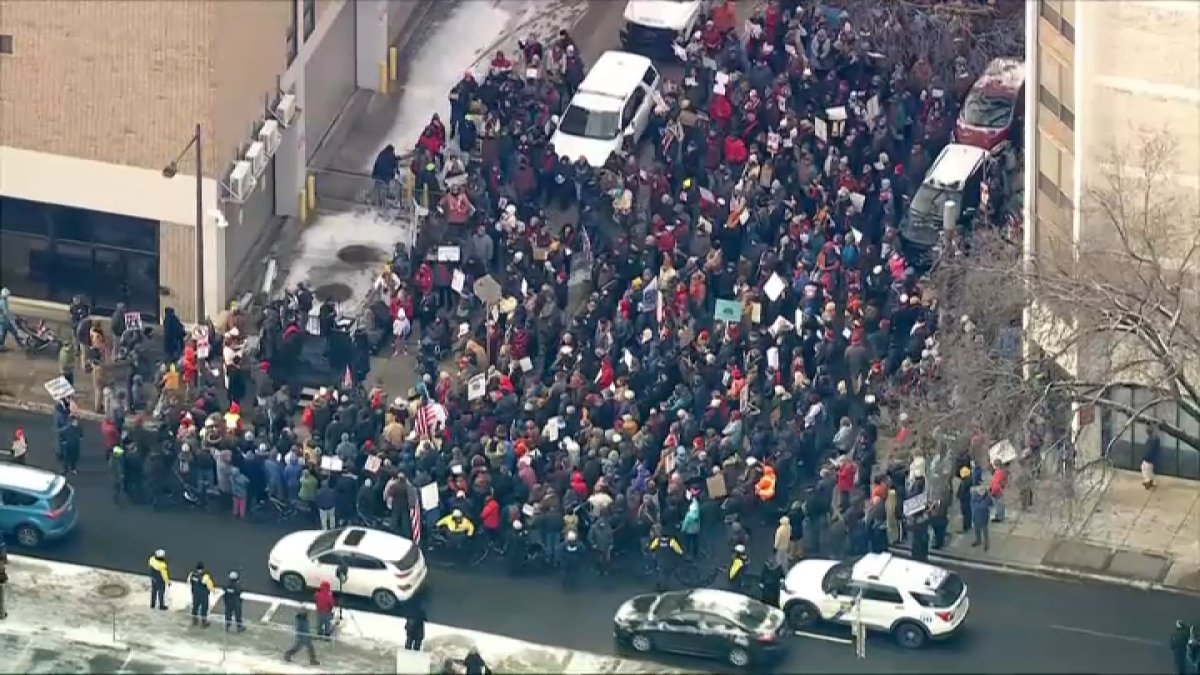 Hundreds of people marched from Philadelphia's Immigration Court to the ICE Philadelphia Field Office in protest of ICE raids across the country.