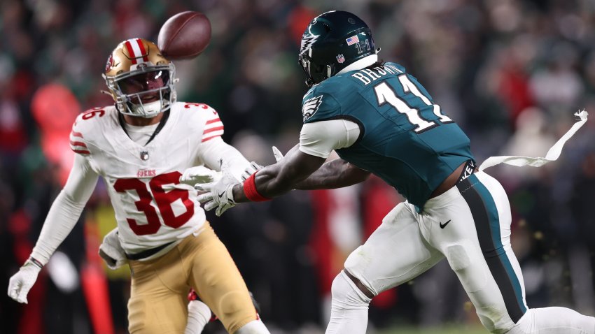 Jan 11, 2026; Philadelphia, PA, USA; Philadelphia Eagles wide receiver A.J. Brown (11) is unable to make a catch as San Francisco 49ers safety Marques Sigle (36) looks on during the second quarter in an NFC Wild Card Round game at Lincoln Financial Field. Mandatory Credit: Bill Streicher-Imagn Images