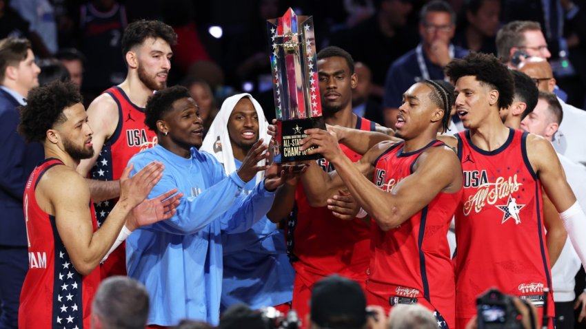 USA Stars Team raise the 75th NBA All-Star Game trophy as part of the 2026 NBA All-Star Weekend on February 15, 2026 at Intuit Dome in Inglewood, California.
