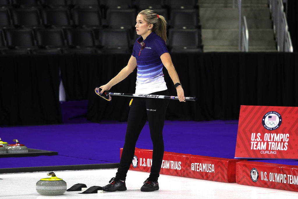 Taylor Anderson of the United States watches action during Game 1 of the US Olympic Team Trials at Baxter Arena on November 19, 2021 in Omaha, Nebraska.