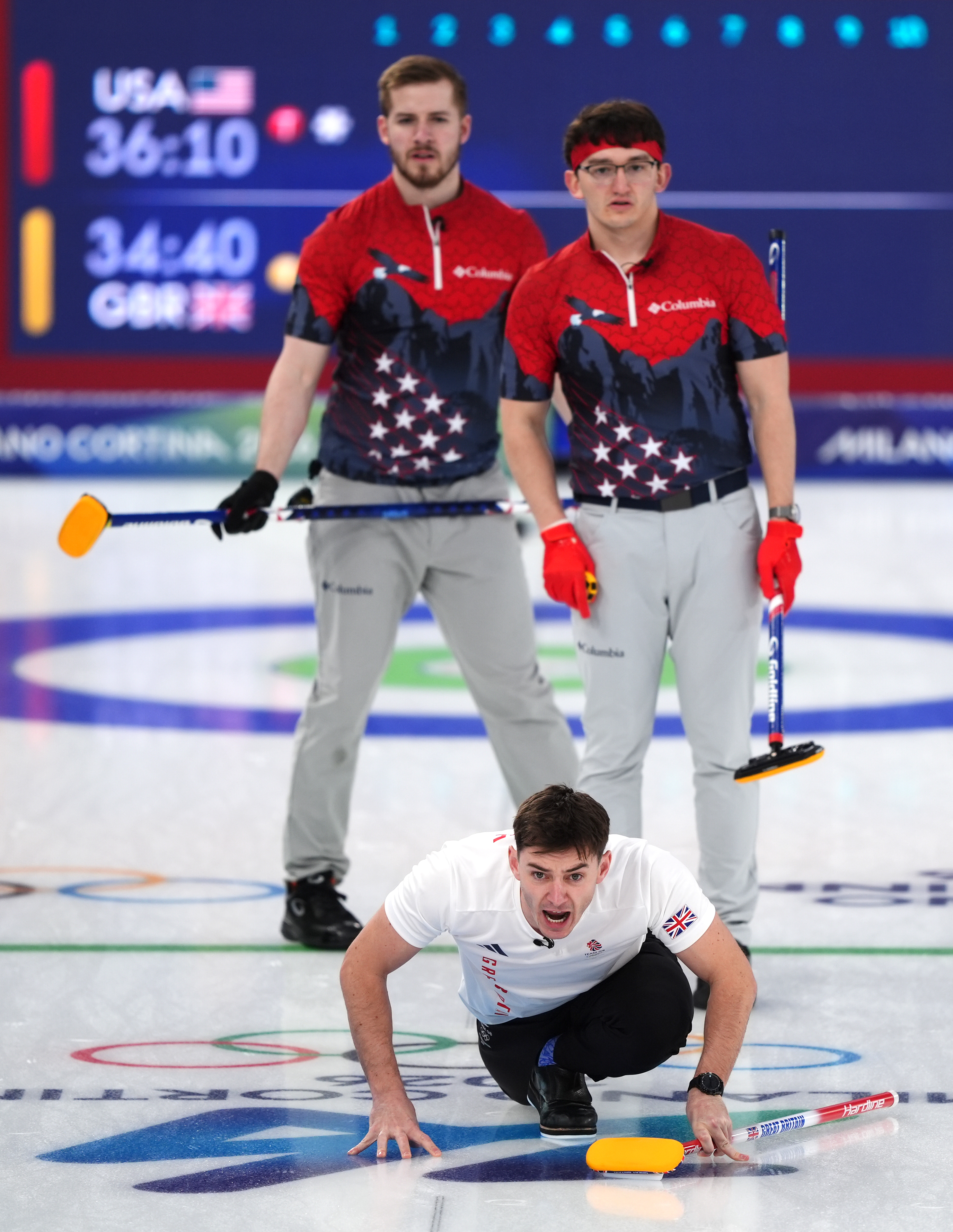 Great Britain's Grant Hardie (front) reacts as USA's Ben Richardson (left) and Aidan Oldenburg look on