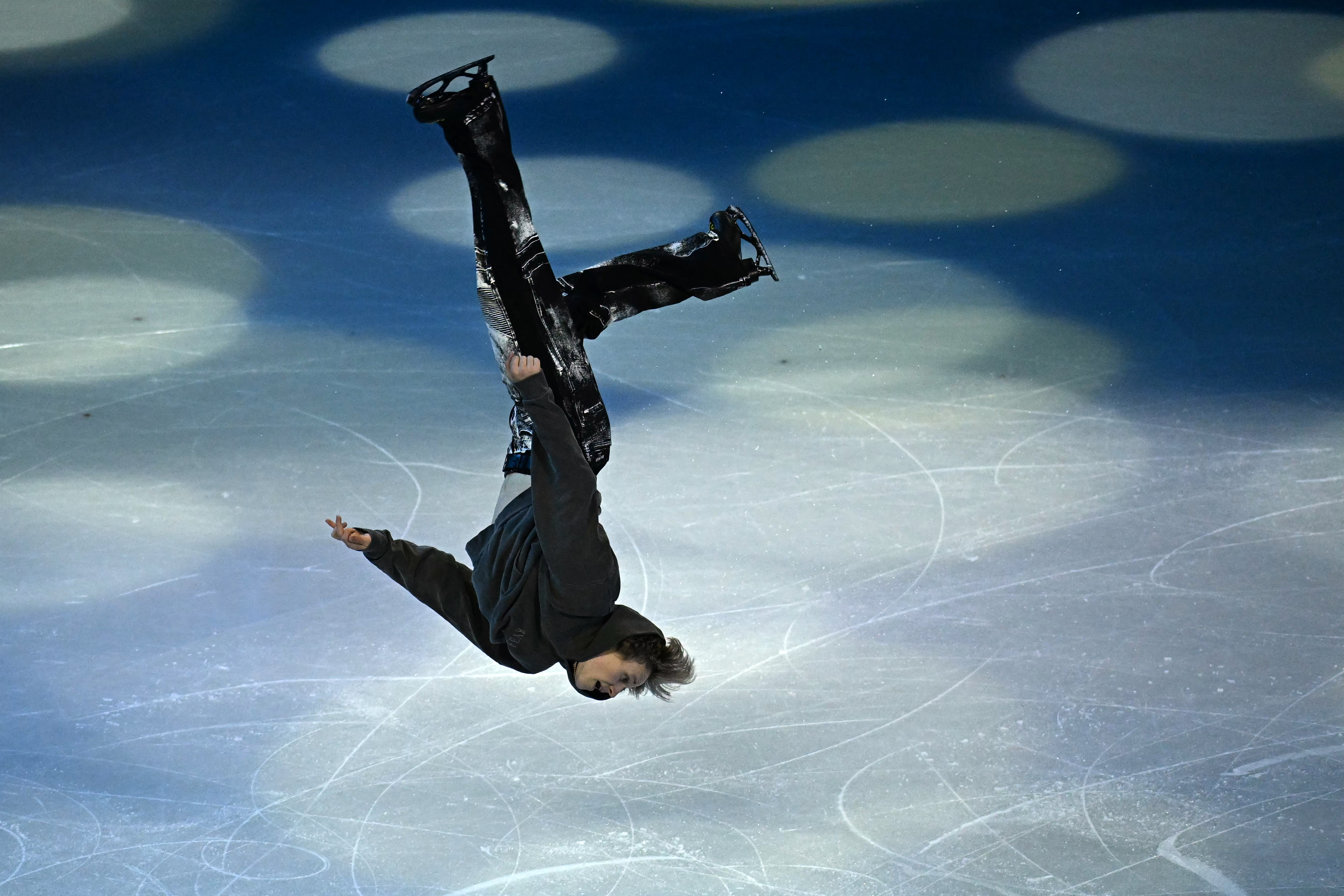 USA's Ilia Malinin performs a backflip at the figure skating exhibition gala.