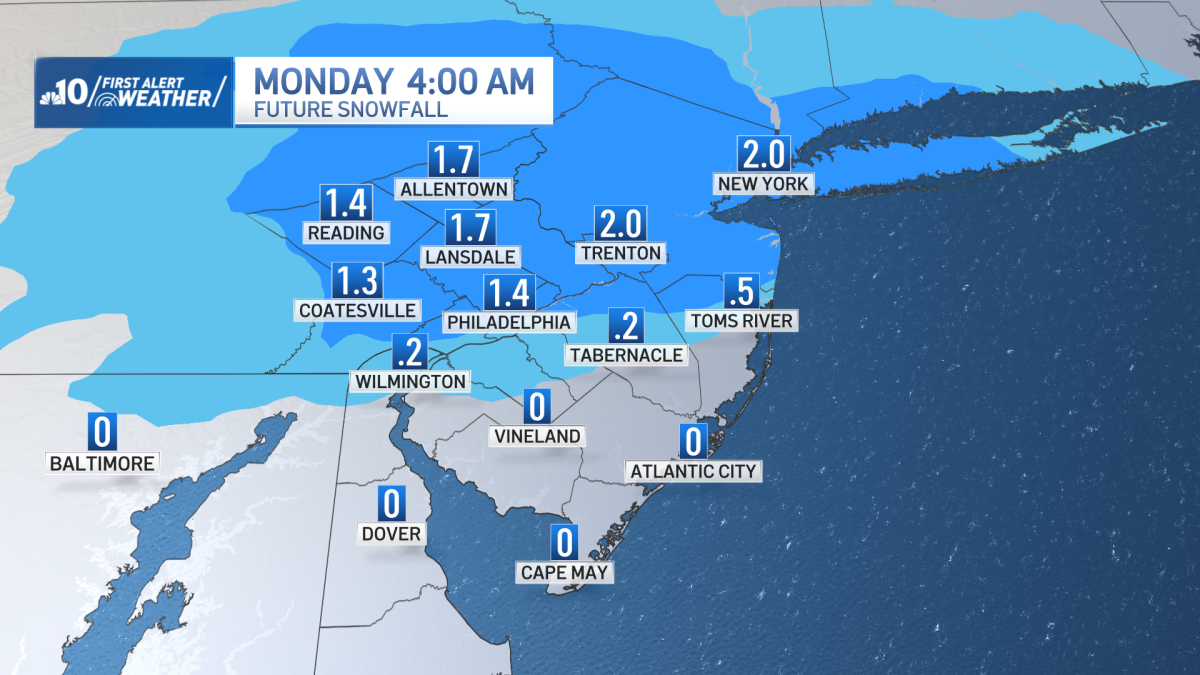 A wintry mix of rain and light snow will fall in the Philadelphia area Sunday afternoon into early Monday morning. Get the full forecast and timing.