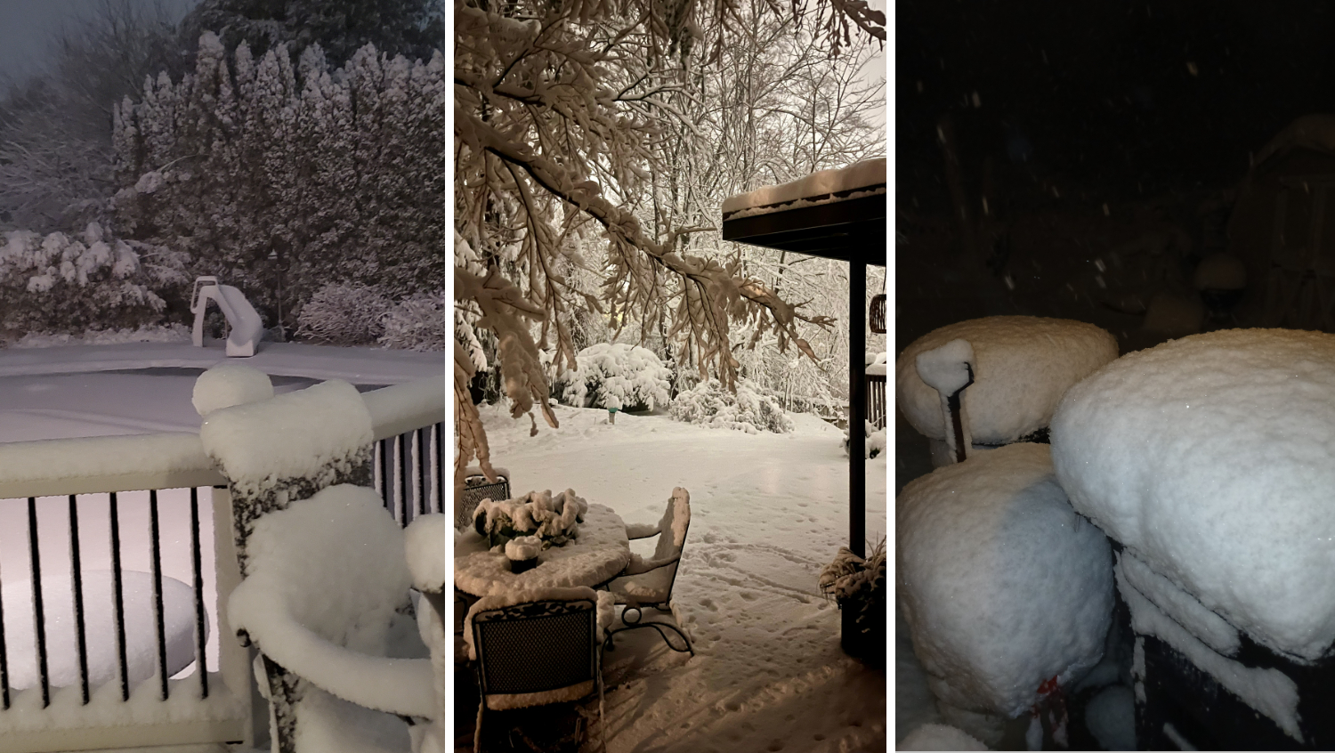 L to R: Backyard deck in Holland, Pennsylvania | Wyncote Wonderland | Huge snow totals in Deptford, New Jersey.
