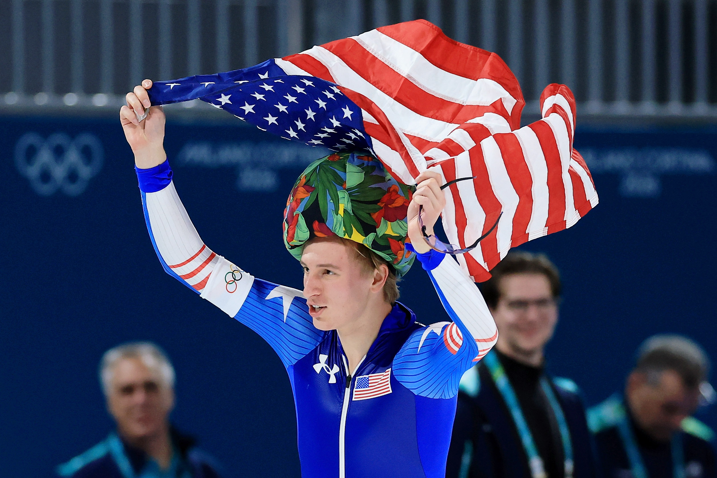 Jordan Stolz of the United States celebrates winning gold