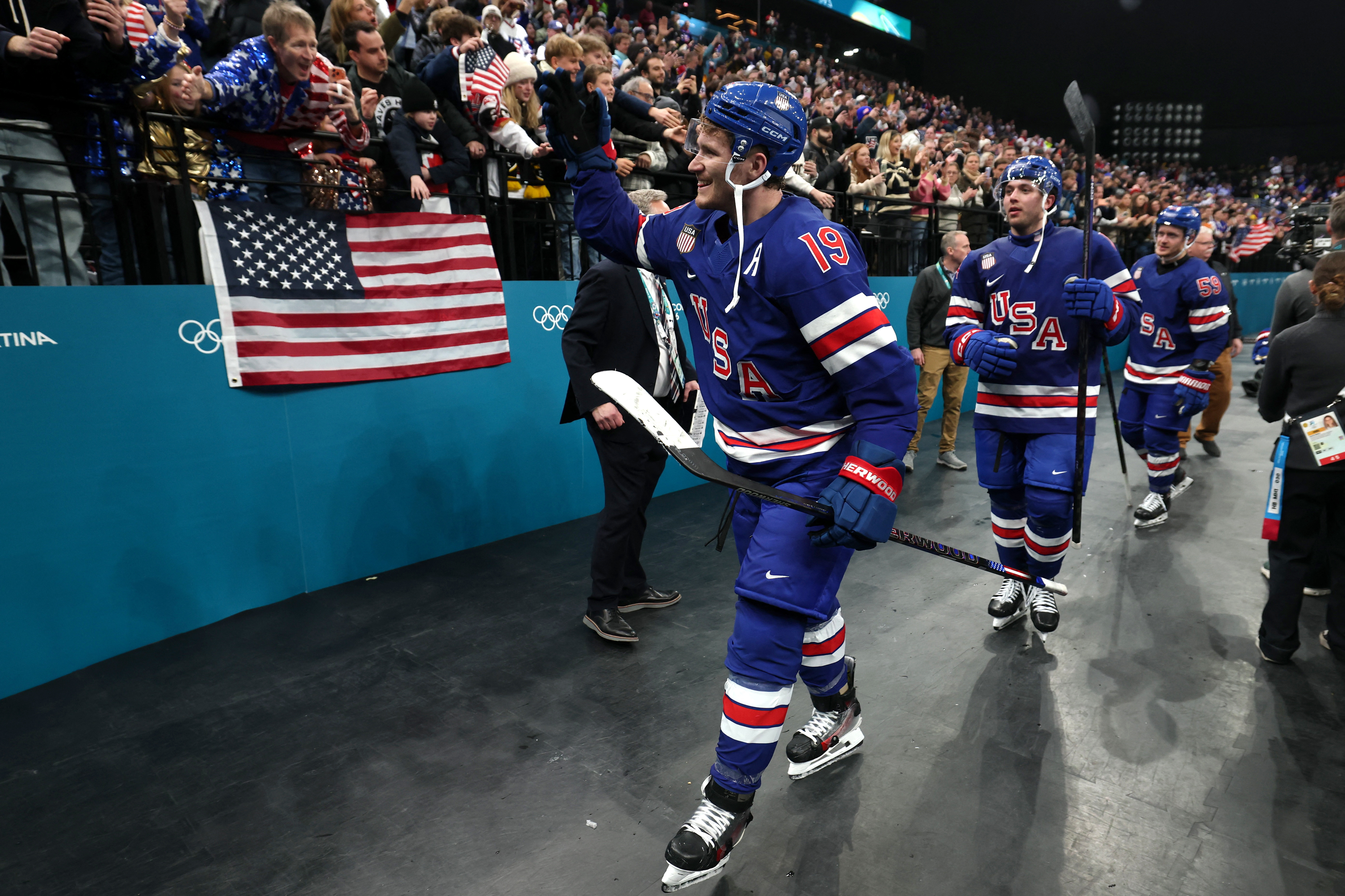 Matthew Tkachuk of USA celebrates after the men's hockey quarterfinal against Sweden.