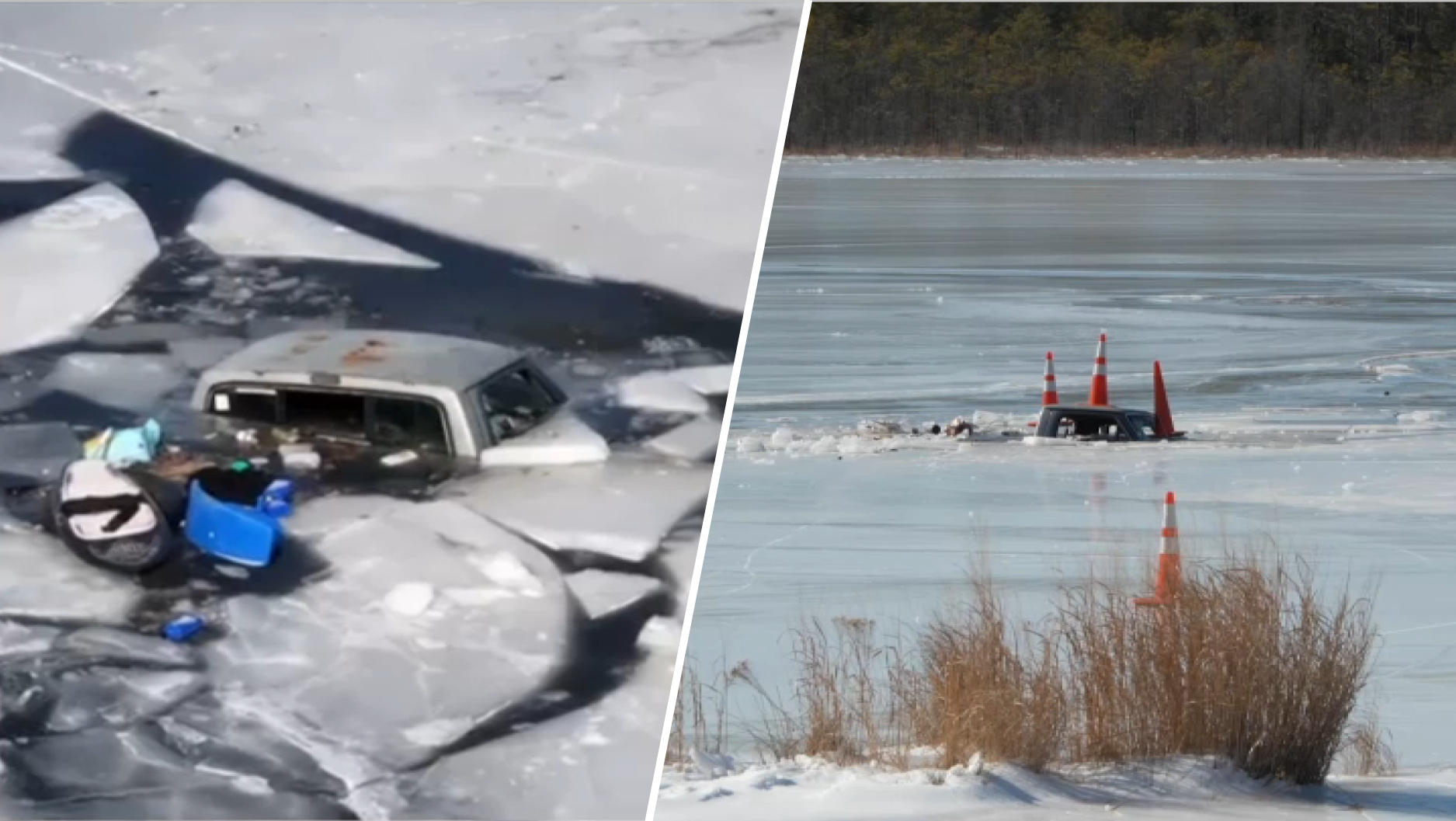 Video: Truck doing donuts on frozen lake falls through ice, gets stuck
