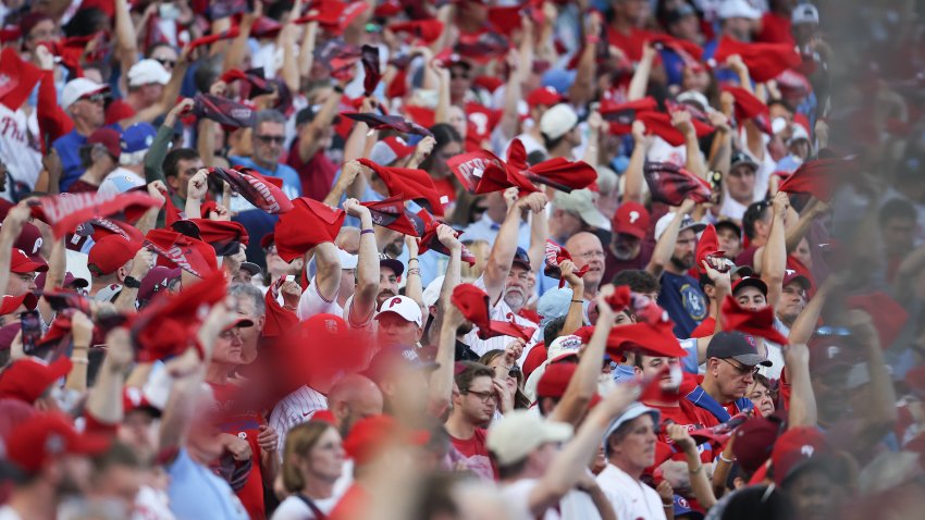 Oct 6, 2025; Philadelphia, Pennsylvania, USA; Fans cheer prior to game two of the NLDS round between the Philadelphia Phillies and the Los Angeles Dodgers for the 2025 MLB playoffs at Citizens Bank Park. Mandatory Credit: Bill Streicher-Imagn Images
