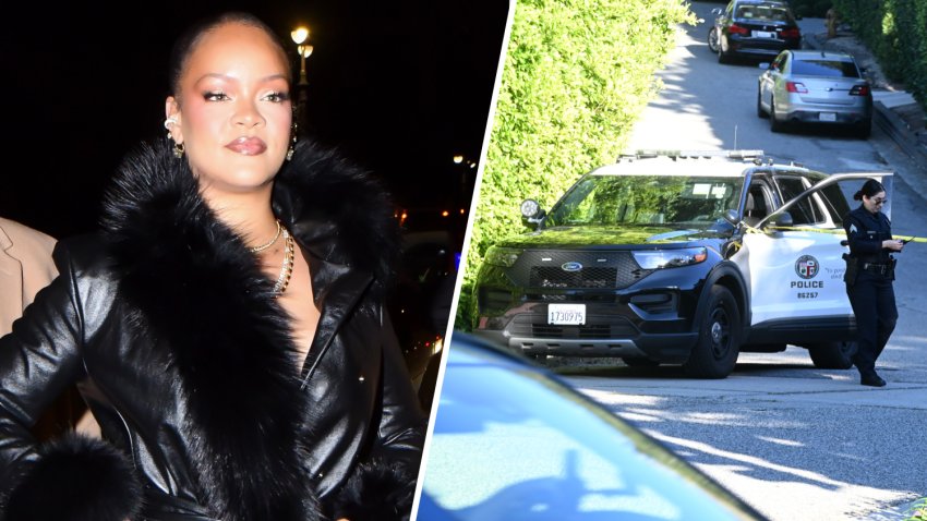 Singer Rihanna is pictured alongside a LAPD patrol SUV outside here Beverly Crest home.