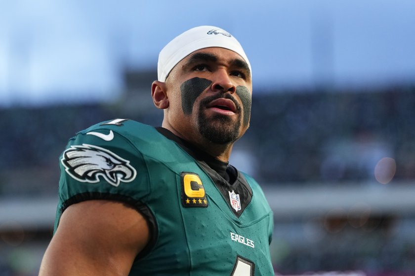Jalen Hurts #1 of the Philadelphia Eagles looks on before the NFC Wild Card Playoff game against the San Francisco 49ers at Lincoln Financial Field on January 11, 2026 in Philadelphia, Pennsylvania.
