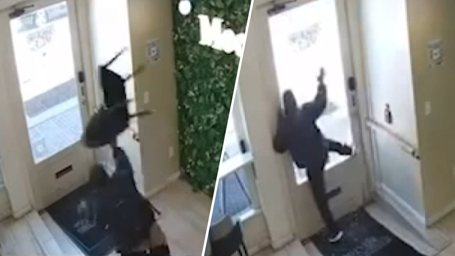 Video: Man throws chair at glass door of cafe after being denied bathroom access