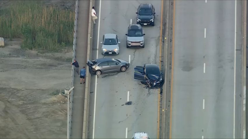 A crash closed eastbound lanes along the Pratt Bridge in Southwest Philly early Monday.