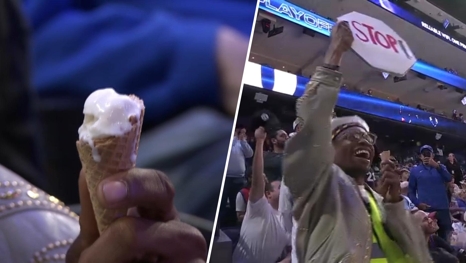 Viral ice cream eating crossing guard hypes up 76ers fans at Friday's game