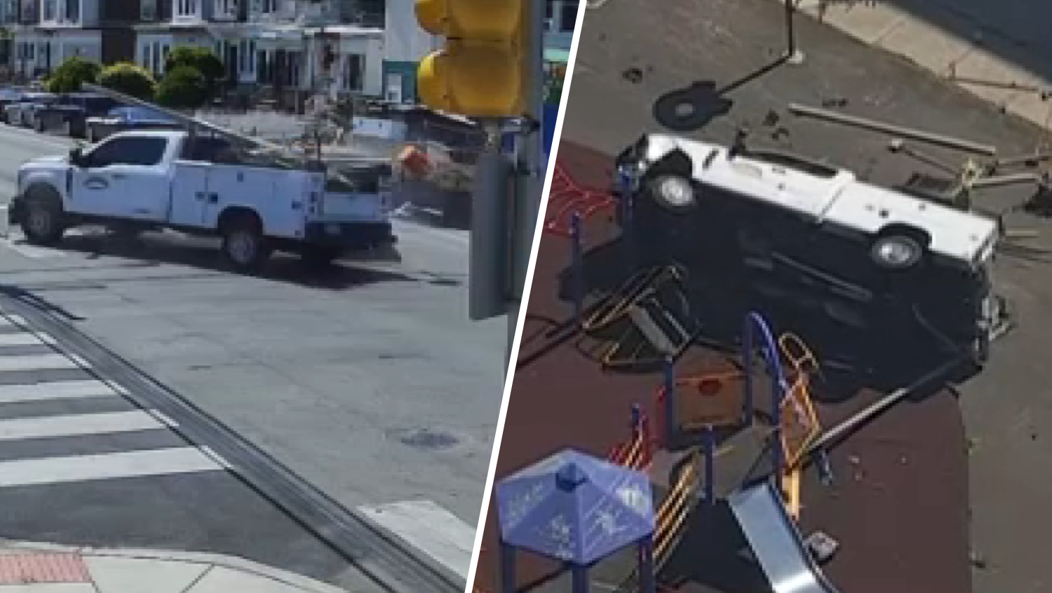 Video: Work truck crashes into vehicle and overturns on Philly school playground