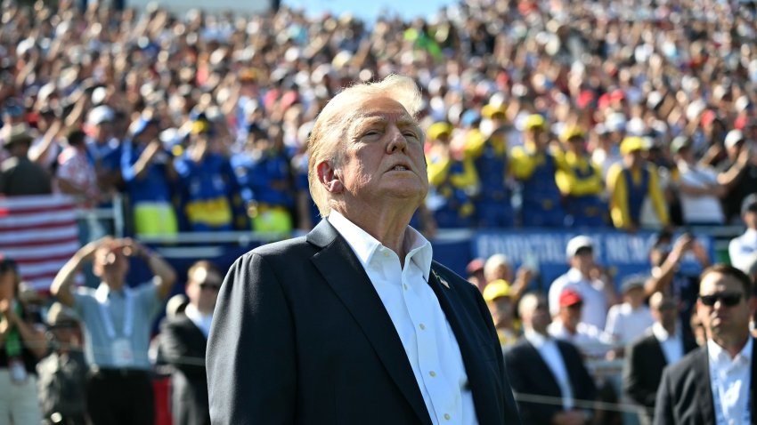 President Donald Trump attends the Ryder Cup golf tournament at Bethpage Black Golf Course in Farmingdale, N.Y., Sept...