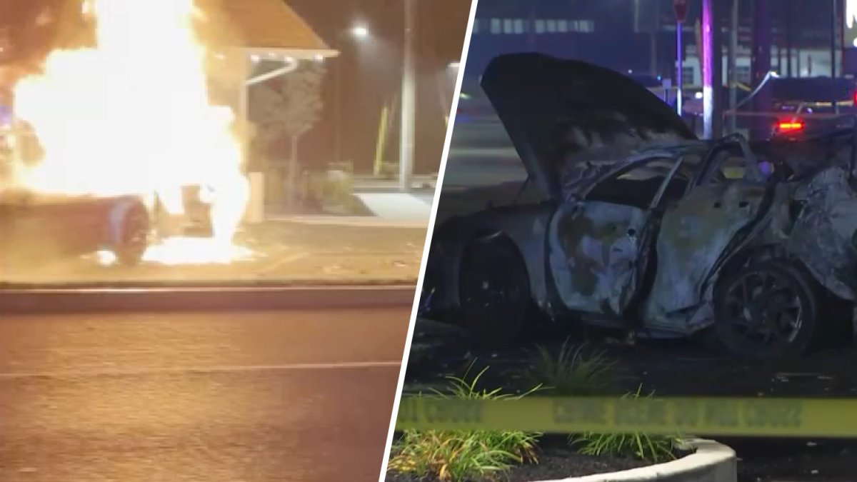 Car bursts into flames after crashing into New Jersey building