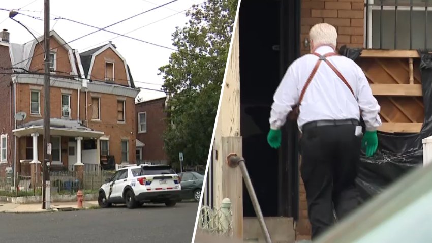 (At Left) A DEA investigation was underway at a home on West Chew Street in Philly's Olney section on June 26, 2026. (At right) An investigator enters the home on Friday morning.