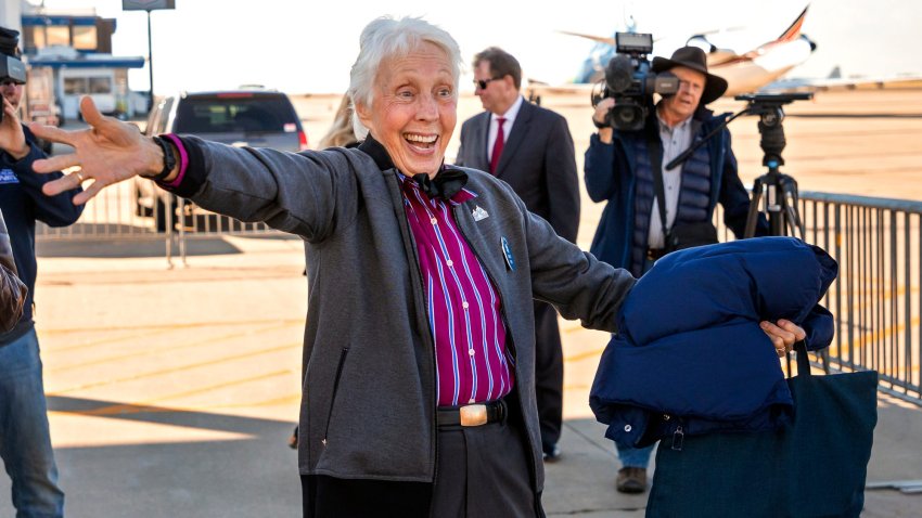 Aviator Wally Funk reacts to fans as she arrives to the Women in Aviation Day at AAR in Oklahoma City, Okla. on Friday, Nov. 5, 2021.
Presto Id Slug 6290450001