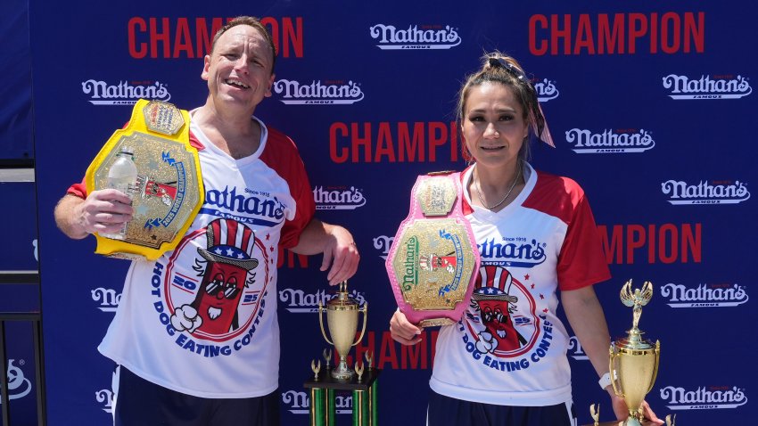 Defending champions Joey Chestnut and Miki Sudo at the Nathan’s Famous Hot Dog Eating Contest.