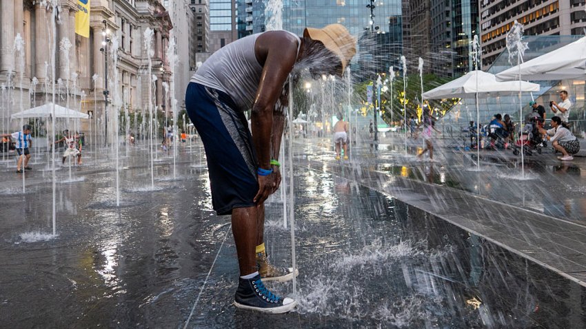 PHILADELPHIA, PENNSYLVANIA- JULY 02: A fountain offers relief from the heat on July 02, 2026, in Philadelphia, Pennsylvania. Numerous cities along the East Coast have issued extreme heat warnings as temperatures are expected to reach over 100 degrees over the next few days, creating dangerous conditions for those who work outdoors or lack access to air conditioning.  (Photo by Spencer Platt/Getty Images)