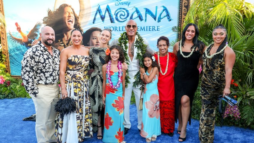 (L-R) Dave Rienzi, Dany Garcia,, Lauren Hashian, Jasmine Johnson, Dwayne Johnson, Tiana Johnson, Ata Johnson, Ava Raine and Tatyanna Dumas attend the Moana World Premiere at Hollywood Bowl in Los Angeles, California on July 07, 2026.