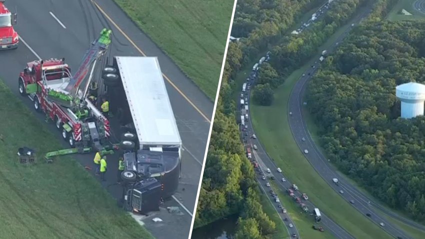 An overturned tractor-trailer caused southbound lanes of Route 55 through Glassboro, New Jersey to be closed on Monday morning.