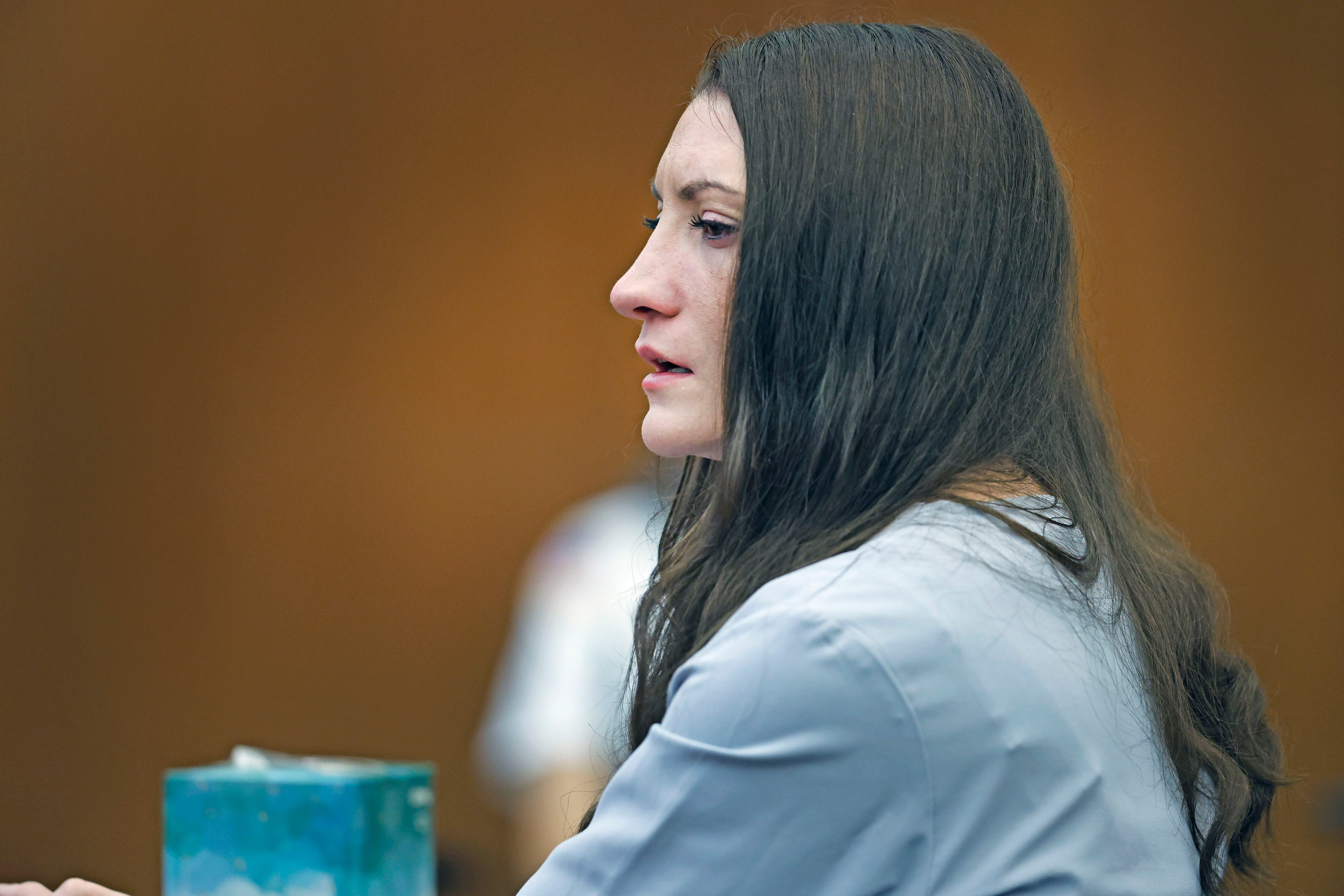 Lindsay Clancy tries to hold back tears during closing arguments in her triple murder case in Plymouth Superior Court on Thursday, Aug. 27, 2026.
