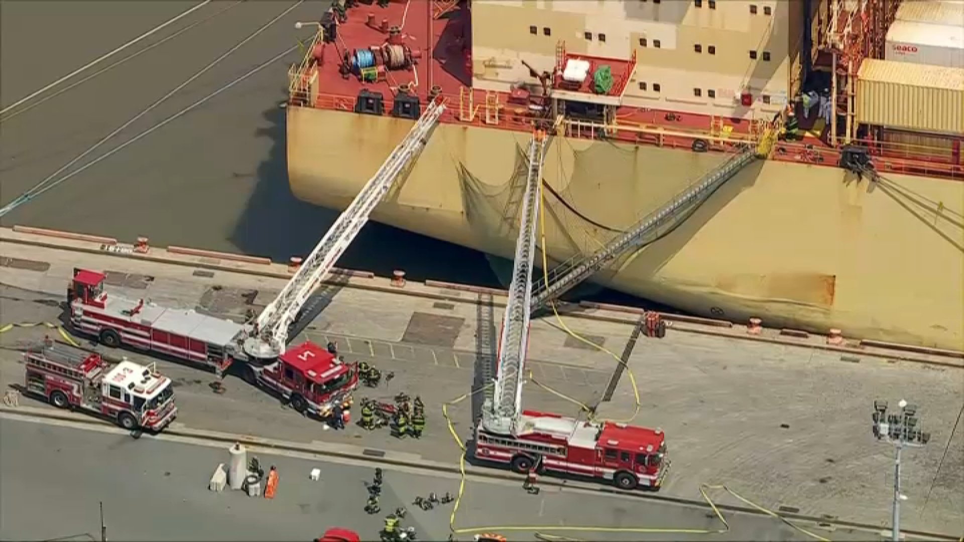 Fire crews respond to fire in the Dole Columbia at the Port of Wilmington
