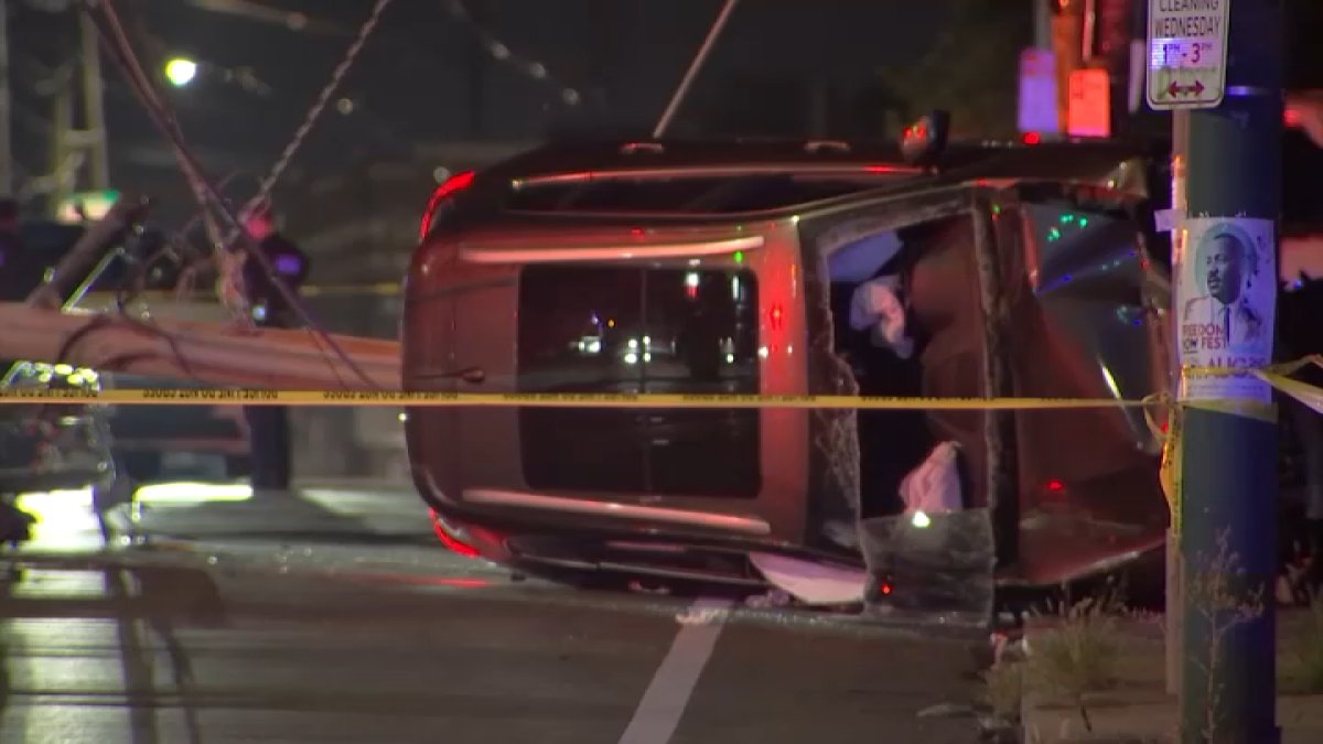 Car flips and knocks down power line in Philadelphia crash