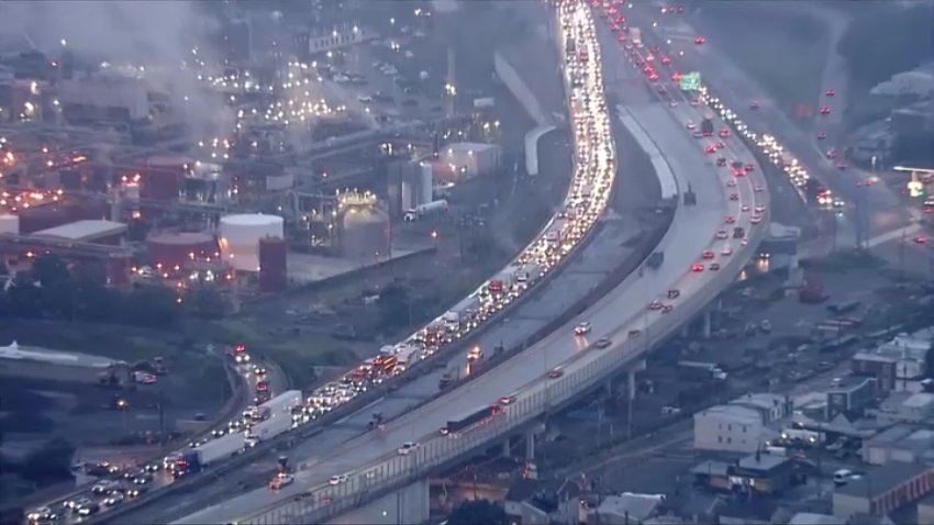 Traffic was slowed along I-95 northbound due to flooding cleanups and a crash near the Betsy Ross Bridge early Monday.