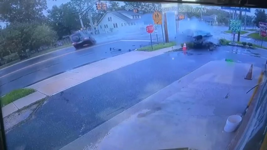 Surveillance video shows the moment a stolen Mercedes slammed into another vehicle along Route 50 in Mays Landing, killing two people, on Aug. 22, 2026.