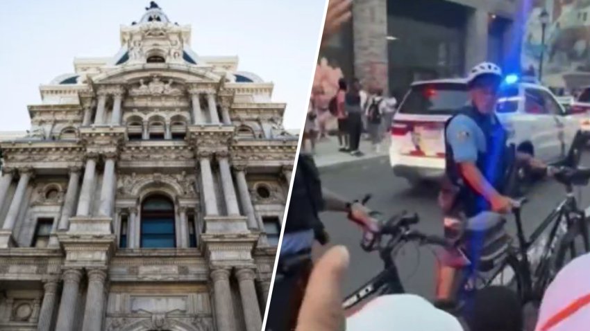(At Left) Philadelphia City Hall. (At Right) Video on social media shows police officers blocking attendees during Philly's recent Pride events.