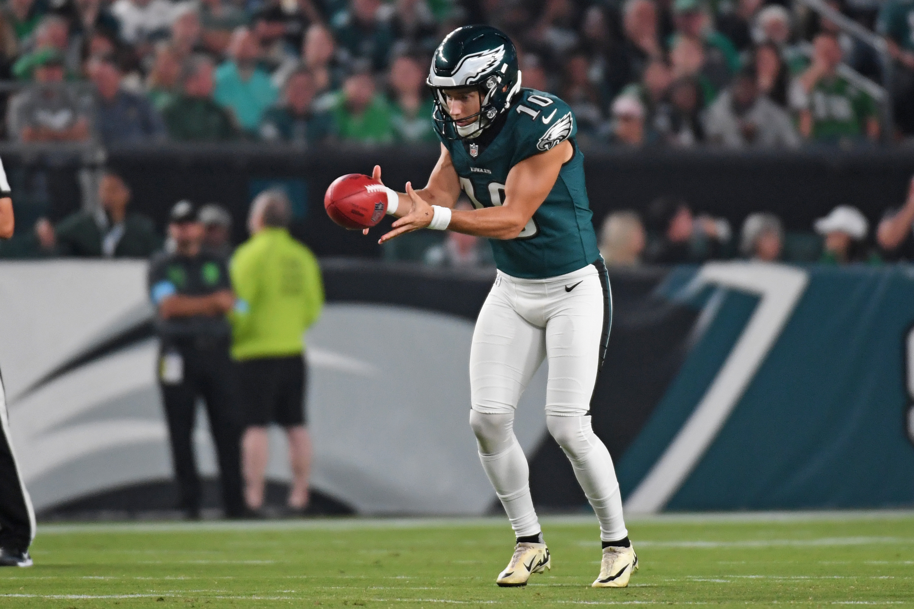 Sep 16, 2024; Philadelphia, Pennsylvania, USA; Philadelphia Eagles punter Braden Mann (10) prepares to punt against the Atlanta Falcons at Lincoln Financial Field. Mandatory Credit: Eric Hartline-Imagn Images