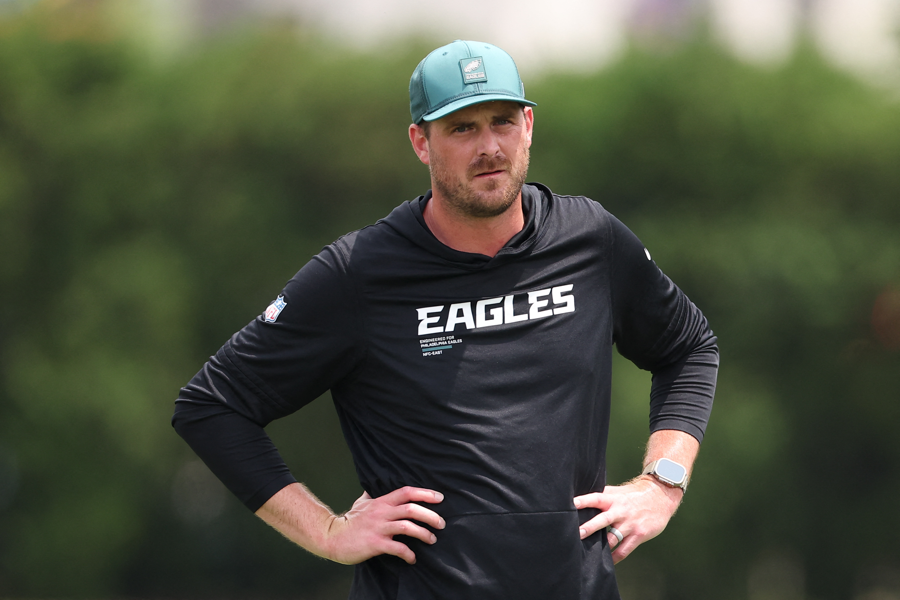 Jun 10, 2026; Philadelphia, PA, USA; Philadelphia Eagles offensive coordinator Sean Mannion looks on during minicamp at Jefferson Health Training Complex. Mandatory Credit: Bill Streicher-Imagn Images