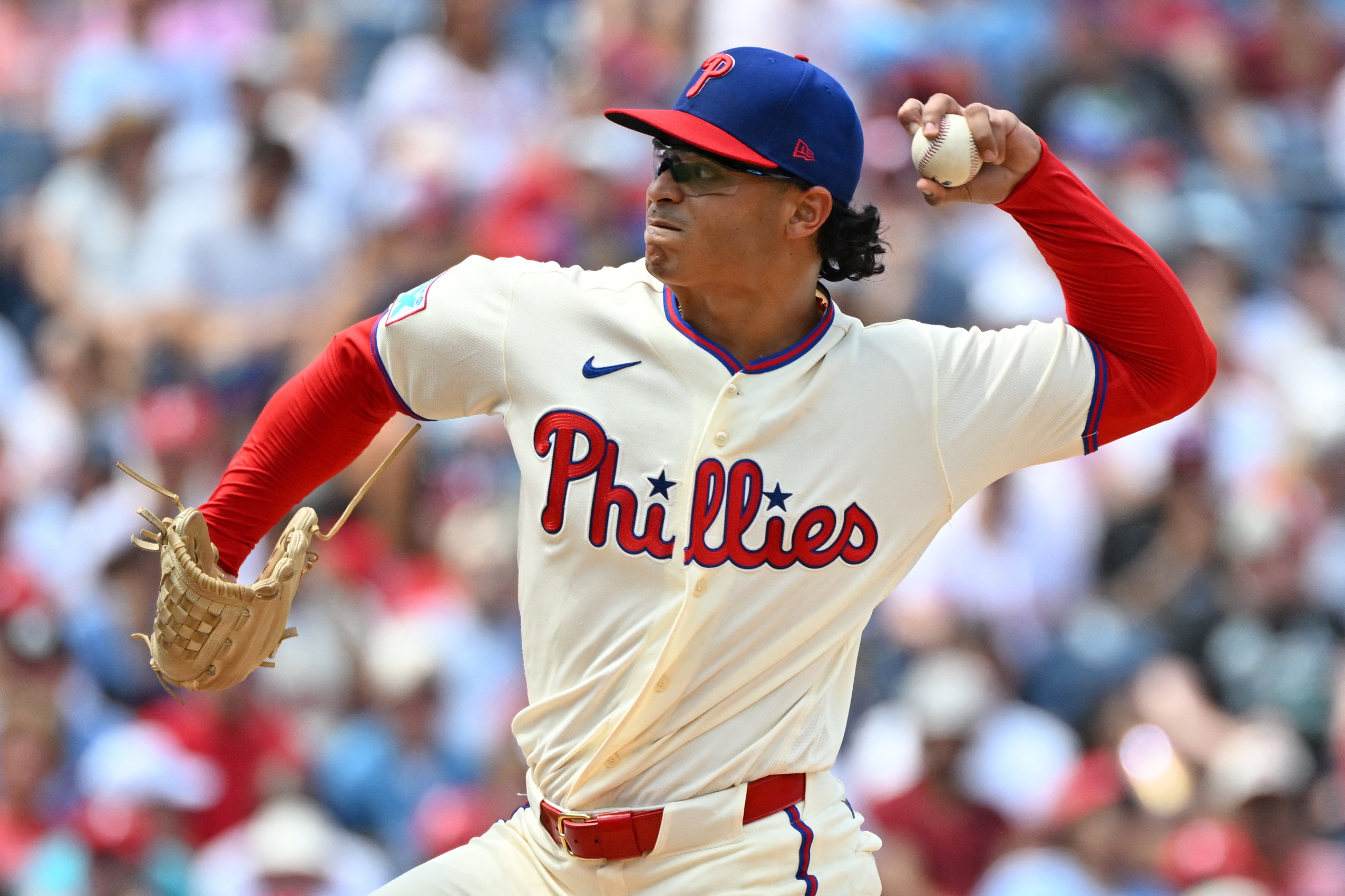 Aug 9, 2026; Philadelphia, Pennsylvania, USA; Philadelphia Phillies pitcher Jesús Luzardo (44) throws a pitch during the second inning against the Toronto Blue Jays at Citizens Bank Park. Mandatory Credit: Eric Hartline-Imagn Images